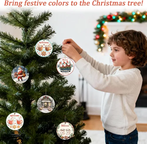 Vista 5 de Juego de 6 adornos colgantes de Navidad, adornos de Papá Noel de 3.4 pulgadas, adornos colgantes de cerámica para decoración del árbol de Navidad