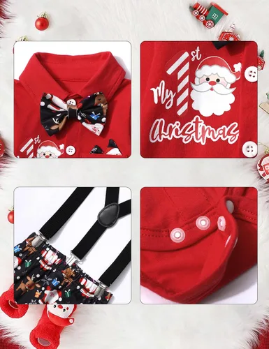 Vista 5 de Conjunto de 3 piezas de traje de Navidad para bebé niño con corbatín y tirantes, pantalones, gorro, conjunto de 3 piezas