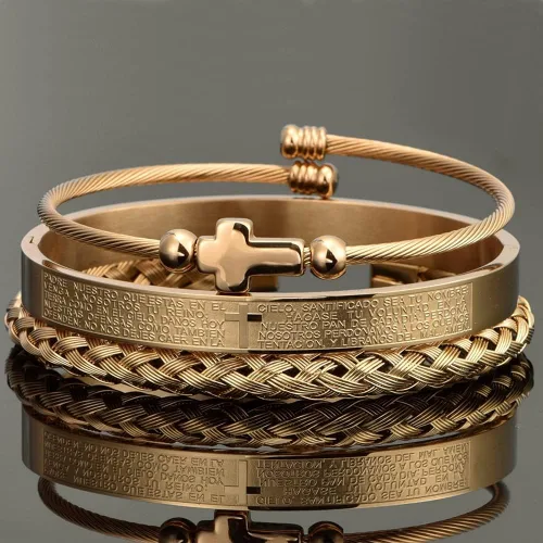 Vista 6 de Juego de pulseras de acero inoxidable Hip Hop para hombre joyería de cruz con dije abierto talla de la Escritura española JX5EU cruz plateada juego A