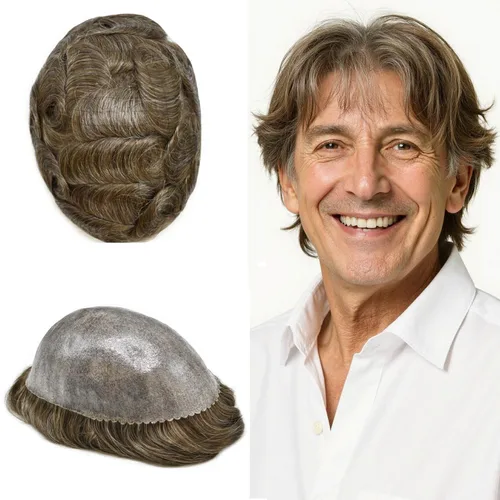 Vista 519 de Toupee para hombre 100% cabello humano real tupé para hombres 0.004 in piel de poliuretano para hombre, sistema de reemplazo de piezas de pelo