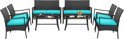 Vista 10 de HAPPYGRILL Juego de 4 muebles de mimbre para patio, juego de conversación de mimbre de polietileno, sofá de ratán con cojines, mesa de centro