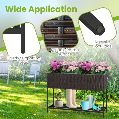 Vista 6 de HAPPYGRILL Cama de jardín elevada de ratán con patas, estante inferior de Maceta elevada con forro extraíble, sistema de drenaje, maceta elevada