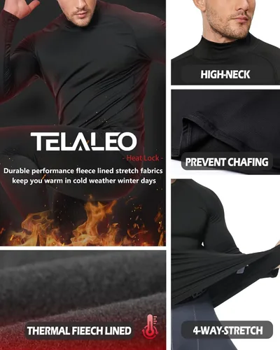 Vista 3 de Paquete de 5 o 4 camisetas térmicas de manga larga con cuello alto falso para hombre