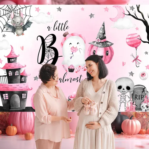 Vista 2 de Avezano A Little Boo is Almost Due - Telón de fondo para niña, 8 x 6 pies, color rosa, decoración de baby shower, fantasma, boo, fondo de fiesta