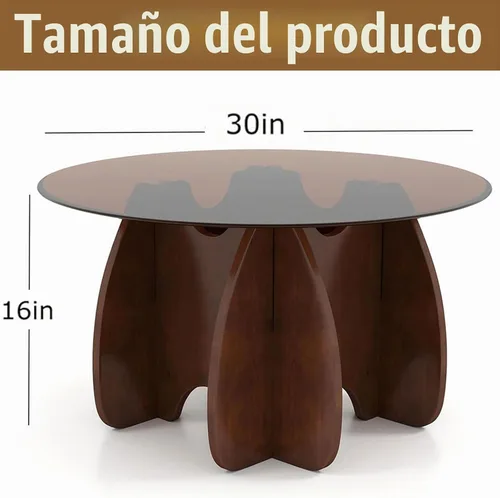 Vista 2 de Mesa de centro redonda de cristal, 30 pulgadas de diámetro, tapa templada marrón con patas de madera maciza de nogal, caballete central moderno