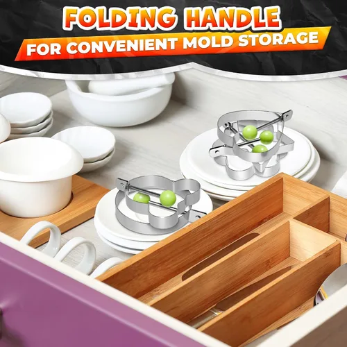 Vista 9 de Juego de moldes para panqueques de 5 piezas, acero inoxidable, asas plegables Pancake Molds for Griddle, 5 Shapes for Eggs, Omelets, Hash Browns &