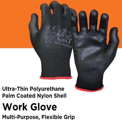 Vista 2 de WOLF Guantes de trabajo con palma recubierta de poliuretano y carcasa de nylon, para construcción, mecánica, almacén, trabajo de jardinería, trabajo
