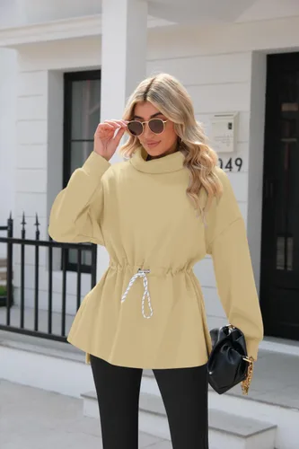 Vista 3 de Doshoop Sudaderas de cuello alto para mujer, de manga larga, con abertura lateral, con cordón en la cintura