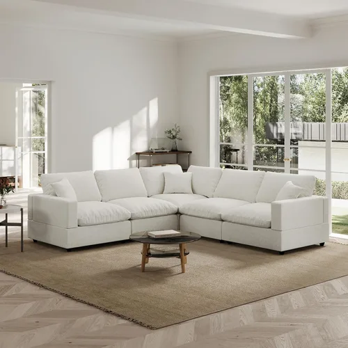 Vista 17 de Sofá seccional moderno de lino en forma de L para sala de estar, sofás modulares con relleno de plumón, fundas de cojín de sofá desmontables, sofá