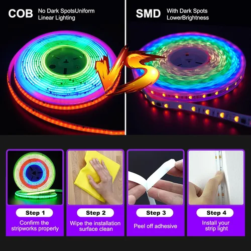 Vista 2 de GUPUP Tira de luces LED COB RGB Smart IC de 16.4 pies, tira de luz de persecución de color direccionable, 24 V 2880 LED, kit de iluminación de cinta
