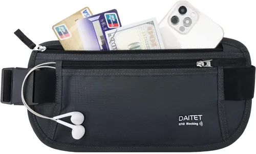 Vista 139 de DAITET Cinturón de dinero, soporte para pasaporte, cartera de viaje oculta segura con bloqueo RFID, riñonera encubierta (negro), Negro, Rfid