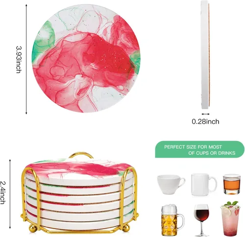 Vista 3 de Posavasos para bebidas con soporte dorado, juego de posavasos absorbentes de mármol con base de corcho para protección de mesa