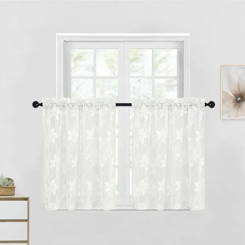 Vista 9 de DWCN Paquete de 2 cortinas traslúcidas pequeñas de encaje floral beige para cocina, cortinas traslúcidas ligeras con bolsillo para barra, cortinas