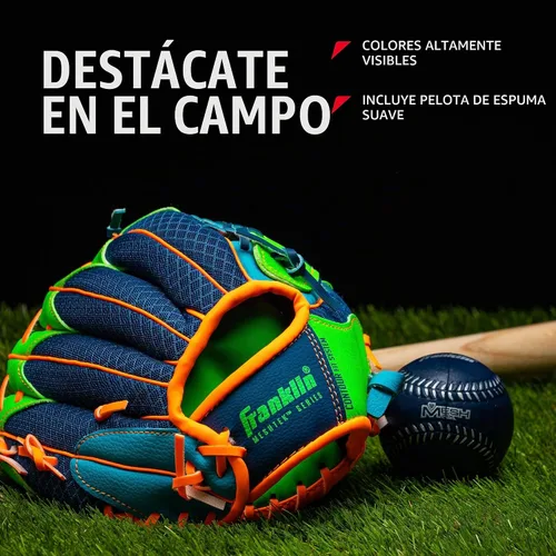 Vista 4 de Franklin Sports Guantes Meshtek + pelota para niños Azul marino/Lima/Naranja