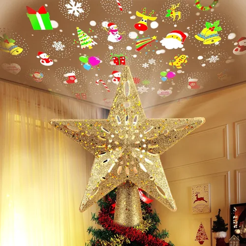 Vista 10 de Punta de árbol de Navidad con ángel y proyector LED de copo de nieve integrado, estrella de pentagrama hueca con lentejuelas doradas, adorno Ángulo