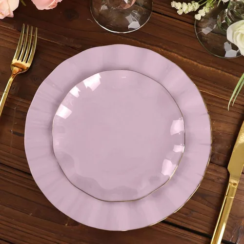 Vista 29 de Efavormart 10 Pack Platos redondos de plástico negro de 6" para postre y ensalada, platos desechables para aperitivos con borde ondulado dorado