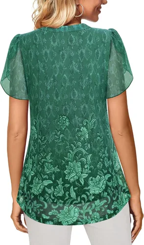 Vista 4 de Bebonnie Blusas de verano con volantes de manga corta para mujer, blusas elegantes florales