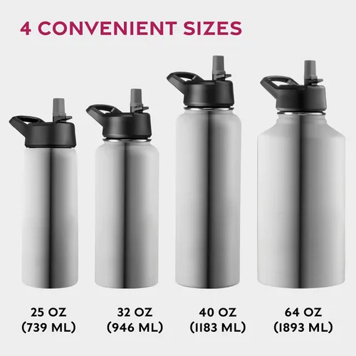 Vista 6 de FineDine Botellas de agua aisladas de triple pared con popote, botella de metal de acero inoxidable de 25 onzas con 3 tapas a prueba de fugas