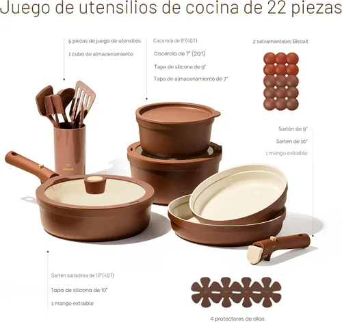 Vista 7 de CAROTE Juego de 22 utensilios de cocina de cerámica, juego de ollas y sartenes antiadherentes, asas extraíbles no tóxicas, aptos