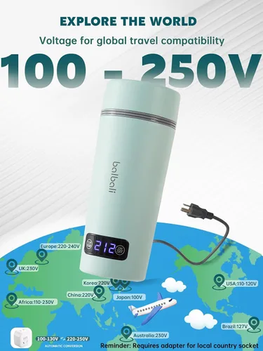 Vista 2 de balbali Hervidor de viaje de doble voltaje 100-250 V – Hervidor de agua portátil de 12 onzas/calentador/calentador para agua hirviendo – Hervidor
