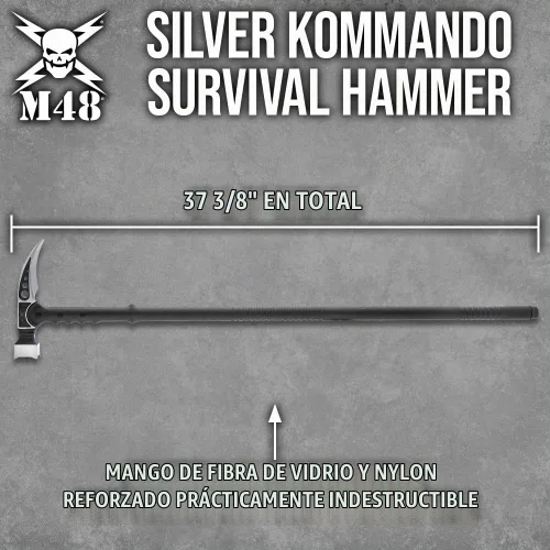 Vista 2 de M48 Martillo de supervivencia Kommando plateado Longitud total de 37 3/8 pulgadas Cabeza de acero inoxidable Mango de nailon reforzado