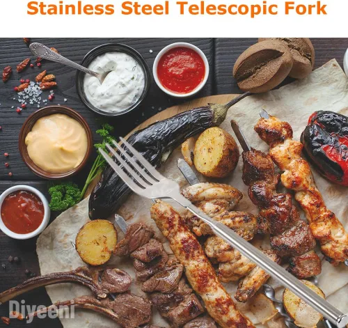 Vista 3 de Tenedor de cena de acero inoxidable, barbacoa telescópica extensible cena fruta postre mango largo tenedor cubiertos de acero inoxidable, anti
