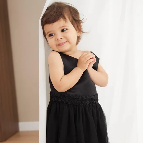 Vista 2 de OPAWO Vestido negro para niña pequeña, dama de honor, 3D, tul de encaje, vestido de princesa de satén, vestido de fiesta, concurso, funerario