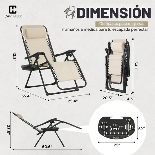Vista 3 de CAPHAUS Silla reclinable beige Zero Gravity para exteriores, reclinable de gravedad cero, silla antigravedad para interiores y exteriores, silla