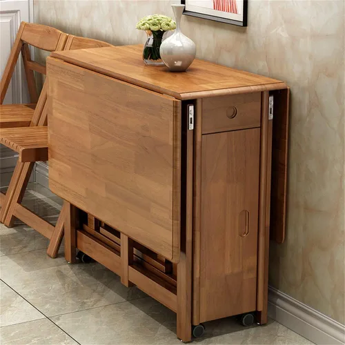 Vista 5 de LAKIQ Mesa de comedor plegable de madera maciza con almacenamiento, mesa de cocina rectangular con cajones, mesa de cocina plegable con ruedas, solo