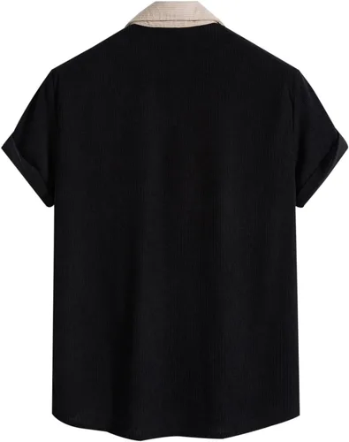 Vista 4 de Camiseta de manga corta con estampado de patchwork de lino y algodón para Hombre, blusa con botones bolsillo hawaiano