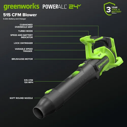 Vista 2 de Greenworks Soplador de hojas axial sin escobillas de 24 V (515 CFM/130 MPH), volumen de aire extremo para hojas húmedas, residuos pesados y limpieza