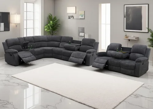 Vista 14 de Juego de sofá seccional reclinable manual, juegos de muebles de sala de estar, sofá seccional en forma de L y 2 sillas, cómodo sofá reclinable