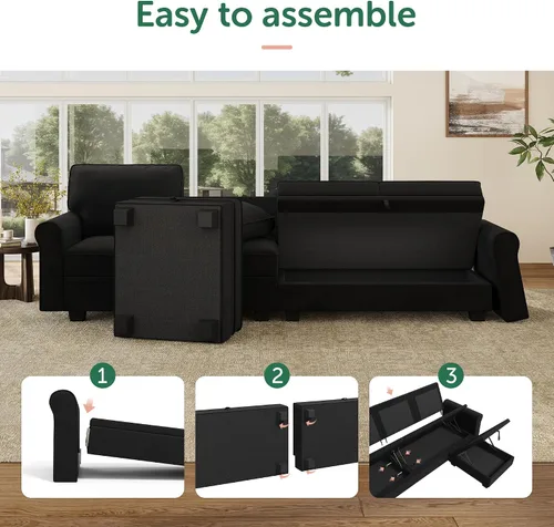 Vista 5 de HONBAY Sofá modular convertible con almacenamiento en forma de U con diván reversible para sala de estar, negro medio negro (Mid Black)