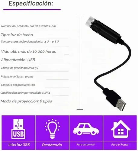 Vista 2 de Lámpara USB de Noche, Proyector de Estrellas, Luz Nocturna Ajustable, Luces Interiores Románticas en Rojo para Auto, Luces de Techo Portátiles