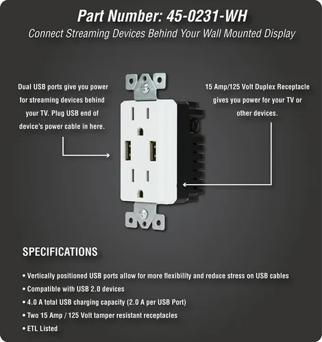 Vista 4 de DATA COMM Electronics 45-0231-WH - Caja de salida de medios empotrable USB, gestión de cables en la pared, receptáculo dúplex, puertos USB dobles