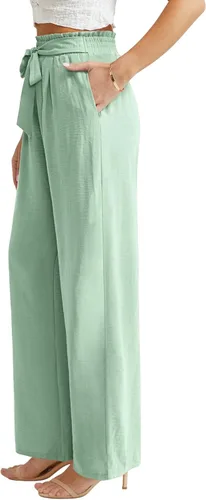 Vista 2 de Feiersi Pantalones casuales de pierna ancha para mujer, de cintura alta, para negocios, trabajo, casual, holgados, holgados, para playa, palazzo
