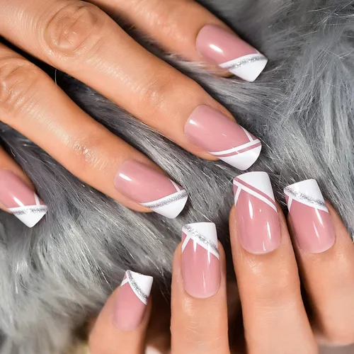 Vista 23 de Gelnails - Uñas postizas cortas a presión con punta francesa blanca, 30 Almendra francesa blanca