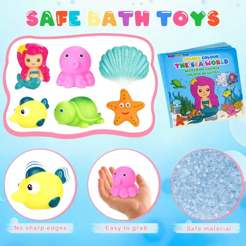Vista 6 de Juguetes de baño iluminados para niños pequeños, niñas y bebés, juguetes de baño brillantes sin agujeros con libro de baño y organizador, juguetes