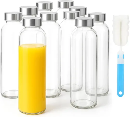 Vista 11 de Sursip Botellas de agua de vidrio de 18 onzas con tapas, botellas de jugo, botella de jugo de vidrio transparente para exprimir, botellas de jugo