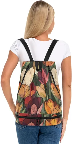 Vista 5 de Retro elegante tulipanes arte cordón deportes bolsa yoga natación cadena mochila con compartimentos húmedos secos bolso para portátil mujer