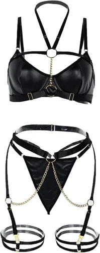 Vista 9 de Lencería sexy para mujer, arnés de cuerpo recortado, liguero, anillo elástico gótico, liguero, conjunto de tiras huecas, cinturón sexy