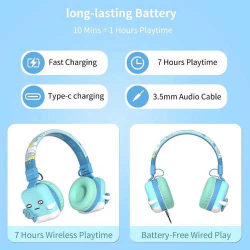 Vista 5 de Auriculares Bluetooth para niños, límite de volumen de 85 dB, ultra suaves sobre la oreja, micrófono incorporado, plegables, diseño de animales