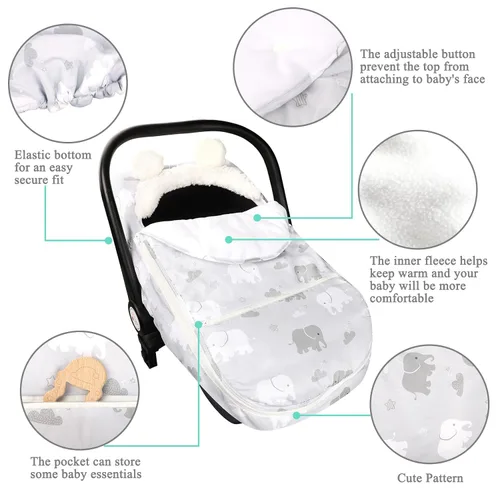 Vista 2 de Funda de asiento de coche para niños, funda acogedora y cálida de invierno, funda de asiento de coche para bebé con diseño de elefante, toldo