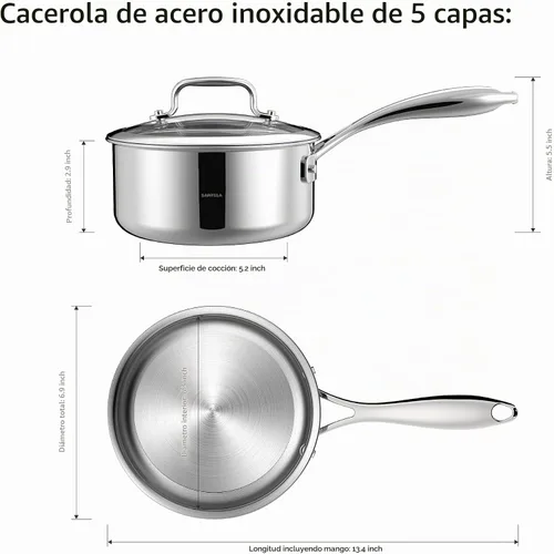 Vista 2 de Cacerola de acero inoxidable de 1.3 cuartos de galón con tapa de Utensilios de cocina de acero inoxidable, construcción revestida de acero