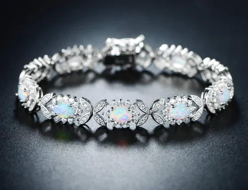 Vista 2 de Barzel - Pulsera de cuentas redondas de ópalo de oro blanco o rosa, chapado en oro de 18 k