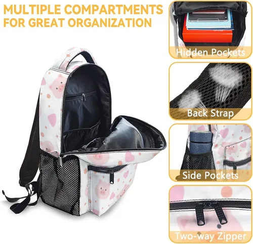 Vista 6 de Mochila de cerdo para niñas y niños, mochilas blancas de 16 pulgadas para la escuela, bonita mochila ligera para niños, Cerdo1-1, Personalizado