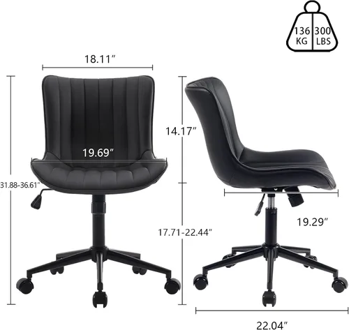 Vista 2 de YOUNIKE Silla de escritorio compacta negra para oficina en casa con ruedas, silla de tocador linda sin brazos cómoda con respaldo basculante