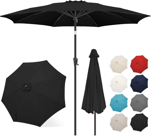 Vista 18 de FLAME&SHADE Sombrilla de patio de 11 pies, sombrilla de mesa para exteriores con botón de inclinación y manivela, protección UV, 8 varillas