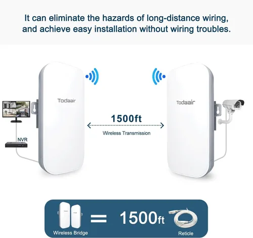 Vista 2 de Todaair Puente inalámbrico seguro de 1640 pies y 2.4 GHz, emparejamiento de 1 toque, soporte de cámara bala CCTV, alimentación POE, paquete de 2