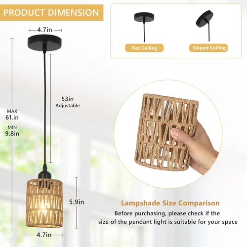 Vista 5 de LAMSU Lámparas colgantes de ratán de 1 luz, iluminación colgante bohemia de granja con pantalla tejida a mano de 4.7×5.9 pulgadas, pequeña lámpara